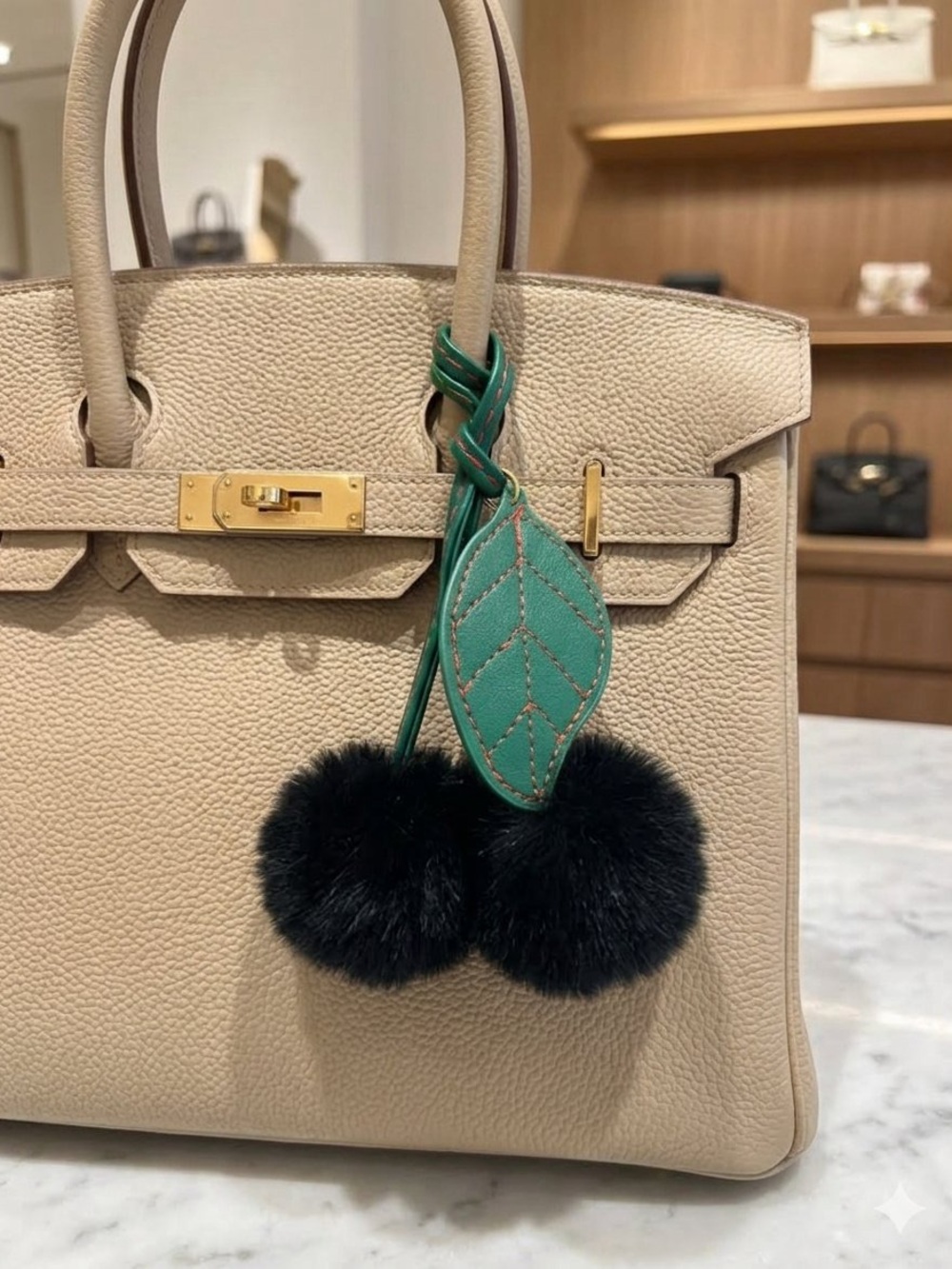 Green Leaf & Black Pom Pom Bag Charm/ Keychain